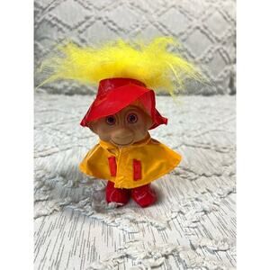Vintage 90s Troll Doll T.N.T. Brand Yellow Hair Rain Poncho Red Hat Retro Toys